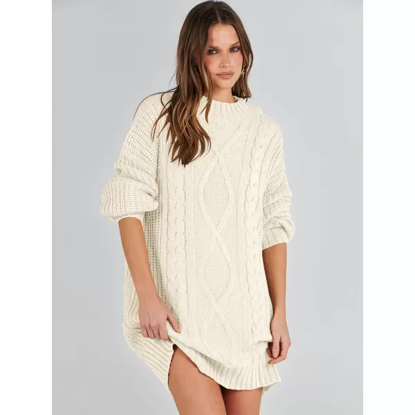 imageANRABESS Womens 2023 Oversized Sweater Dress Long Sleeve Crewneck Chunky Cable Knit Casual Short Pullover Dress TopsBeige
