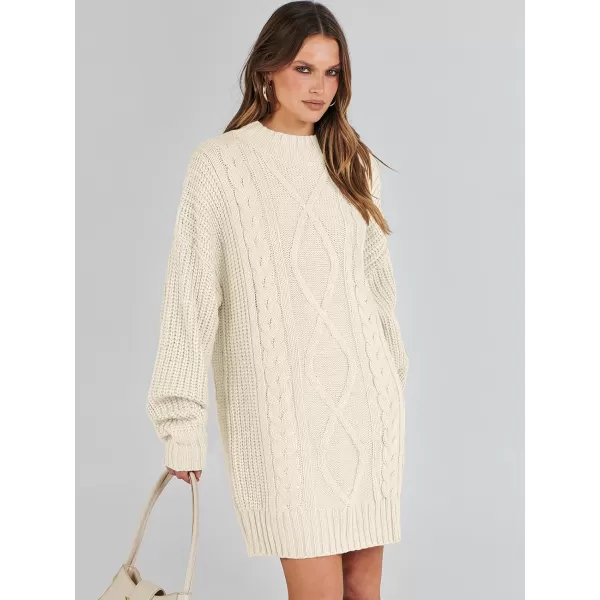 imageANRABESS Womens 2023 Oversized Sweater Dress Long Sleeve Crewneck Chunky Cable Knit Casual Short Pullover Dress TopsBeige