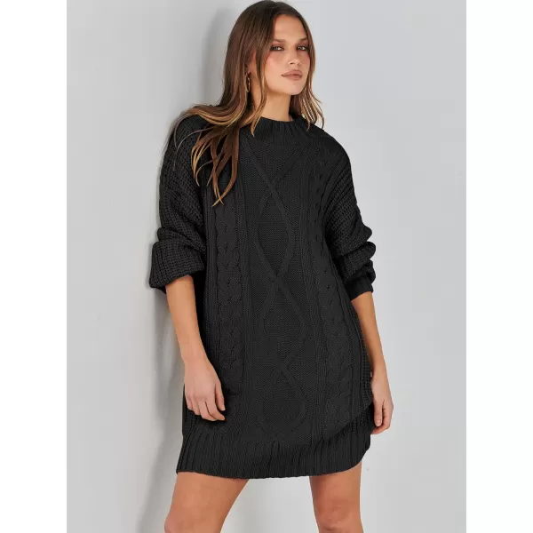 imageANRABESS Womens 2023 Oversized Sweater Dress Long Sleeve Crewneck Chunky Cable Knit Casual Short Pullover Dress TopsBlack