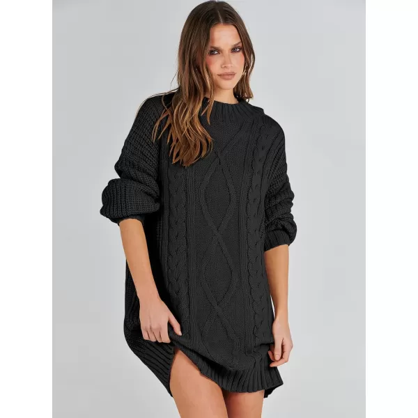 imageANRABESS Womens 2023 Oversized Sweater Dress Long Sleeve Crewneck Chunky Cable Knit Casual Short Pullover Dress TopsBlack