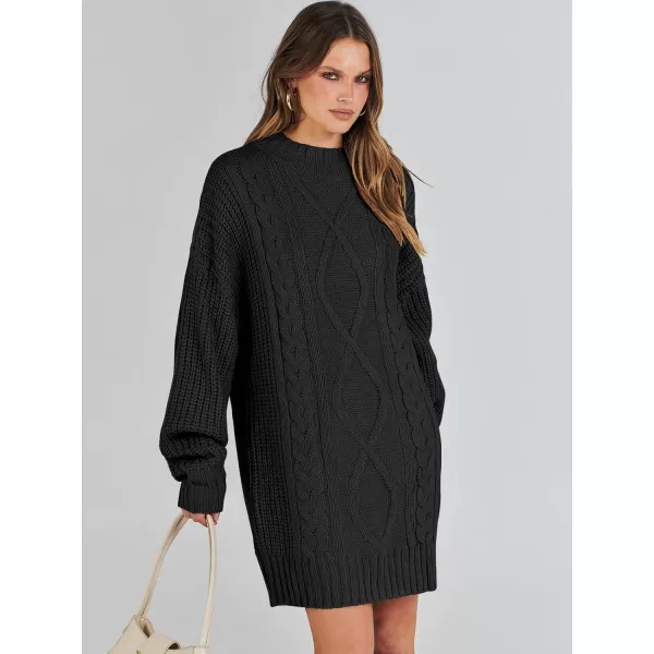 imageANRABESS Womens 2023 Oversized Sweater Dress Long Sleeve Crewneck Chunky Cable Knit Casual Short Pullover Dress TopsBlack