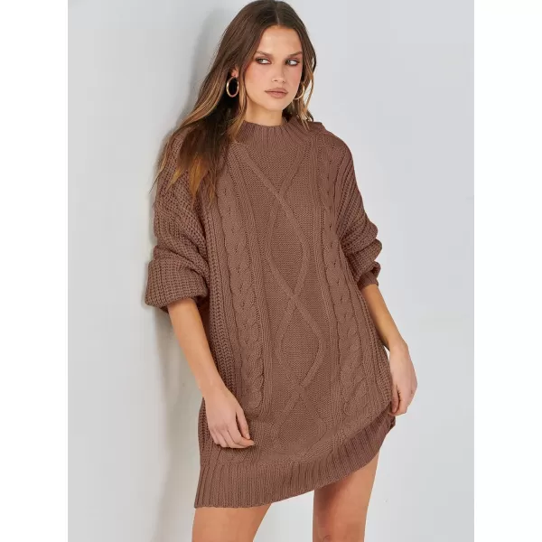 imageANRABESS Womens 2023 Oversized Sweater Dress Long Sleeve Crewneck Chunky Cable Knit Casual Short Pullover Dress TopsBrown