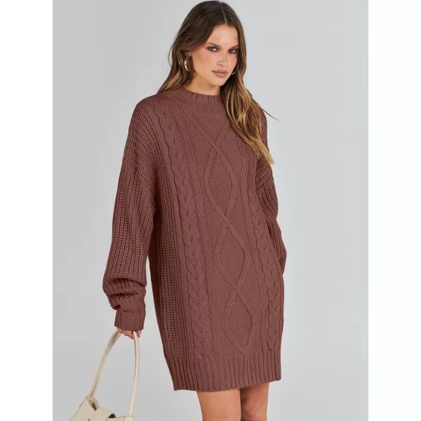 imageANRABESS Womens 2023 Oversized Sweater Dress Long Sleeve Crewneck Chunky Cable Knit Casual Short Pullover Dress TopsCaramel