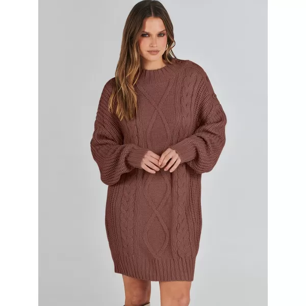 imageANRABESS Womens 2023 Oversized Sweater Dress Long Sleeve Crewneck Chunky Cable Knit Casual Short Pullover Dress TopsCaramel
