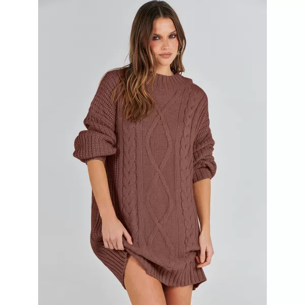 imageANRABESS Womens 2023 Oversized Sweater Dress Long Sleeve Crewneck Chunky Cable Knit Casual Short Pullover Dress TopsCaramel