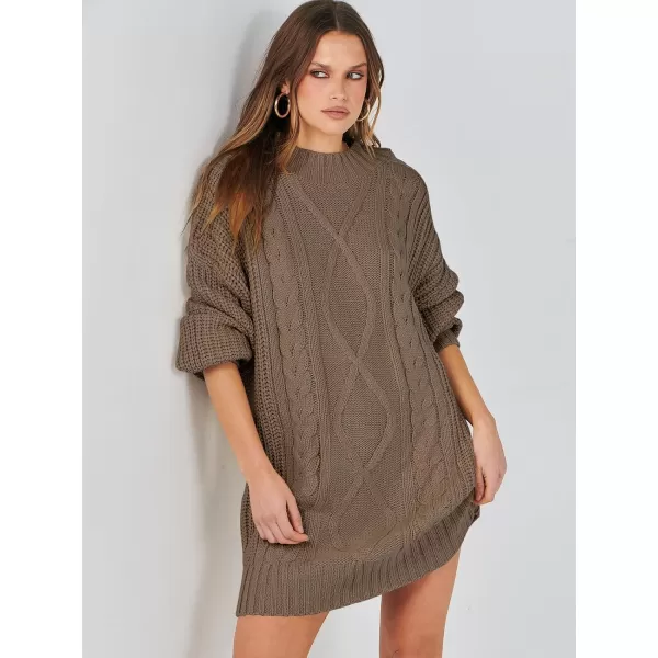 imageANRABESS Womens 2023 Oversized Sweater Dress Long Sleeve Crewneck Chunky Cable Knit Casual Short Pullover Dress TopsCoffee