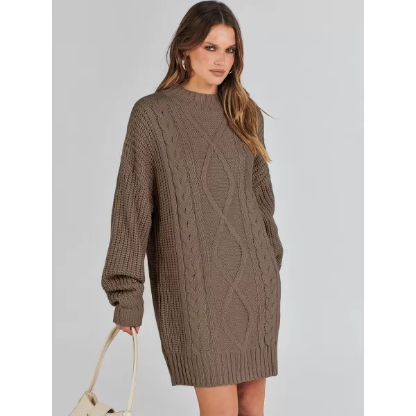 imageANRABESS Womens 2023 Oversized Sweater Dress Long Sleeve Crewneck Chunky Cable Knit Casual Short Pullover Dress TopsCoffee