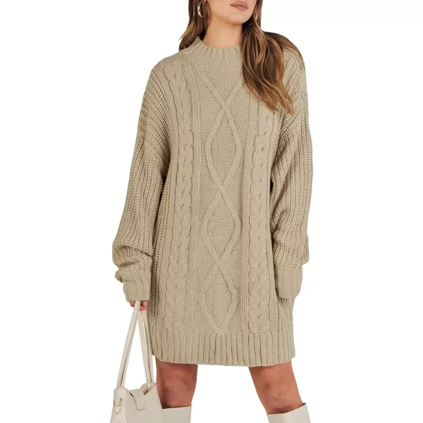 imageANRABESS Womens 2023 Oversized Sweater Dress Long Sleeve Crewneck Chunky Cable Knit Casual Short Pullover Dress TopsKhaki