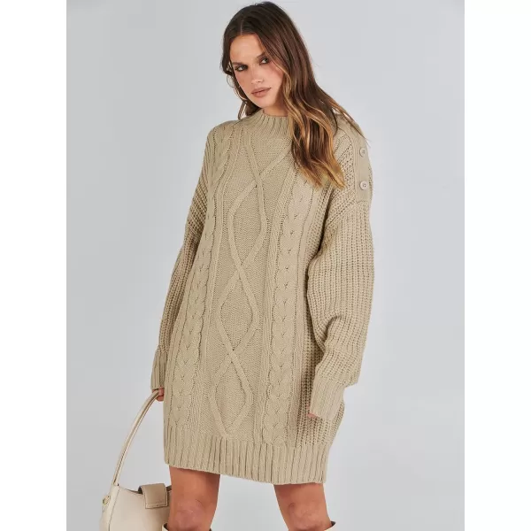 imageANRABESS Womens 2023 Oversized Sweater Dress Long Sleeve Crewneck Chunky Cable Knit Casual Short Pullover Dress TopsKhaki