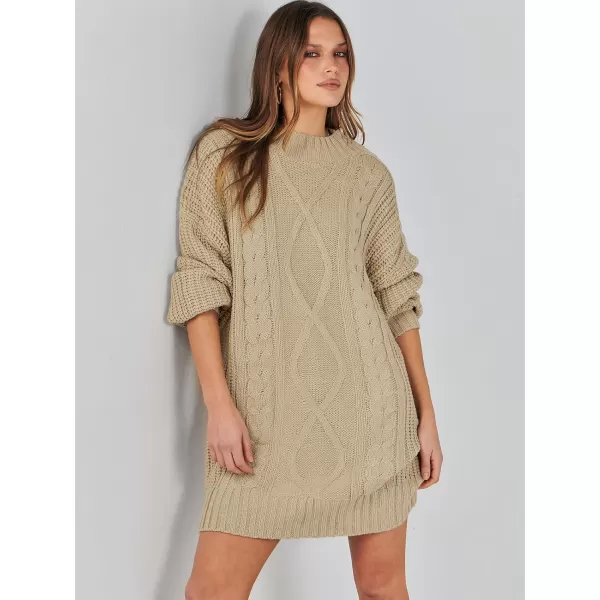 imageANRABESS Womens 2023 Oversized Sweater Dress Long Sleeve Crewneck Chunky Cable Knit Casual Short Pullover Dress TopsKhaki