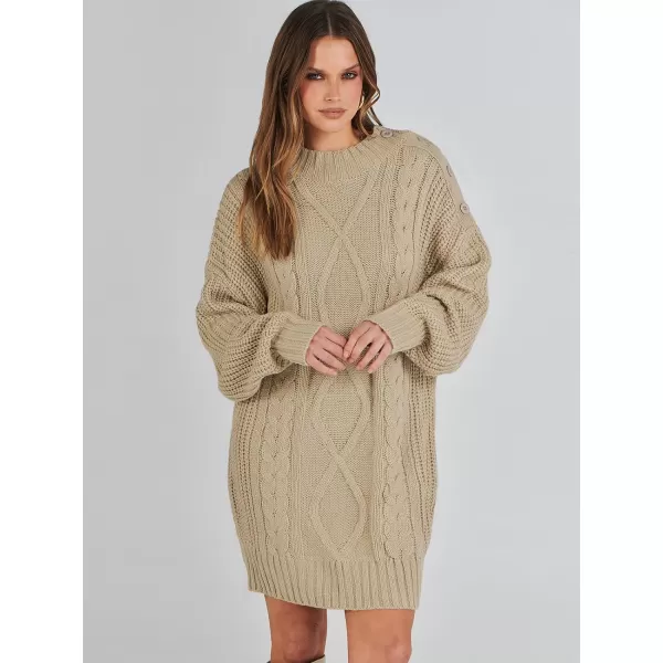 imageANRABESS Womens 2023 Oversized Sweater Dress Long Sleeve Crewneck Chunky Cable Knit Casual Short Pullover Dress TopsKhaki