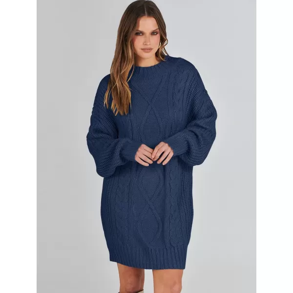 imageANRABESS Womens 2023 Oversized Sweater Dress Long Sleeve Crewneck Chunky Cable Knit Casual Short Pullover Dress TopsNavy