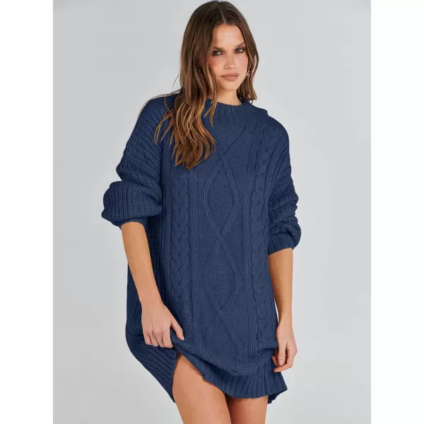 imageANRABESS Womens 2023 Oversized Sweater Dress Long Sleeve Crewneck Chunky Cable Knit Casual Short Pullover Dress TopsNavy