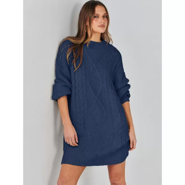 imageANRABESS Womens 2023 Oversized Sweater Dress Long Sleeve Crewneck Chunky Cable Knit Casual Short Pullover Dress TopsNavy