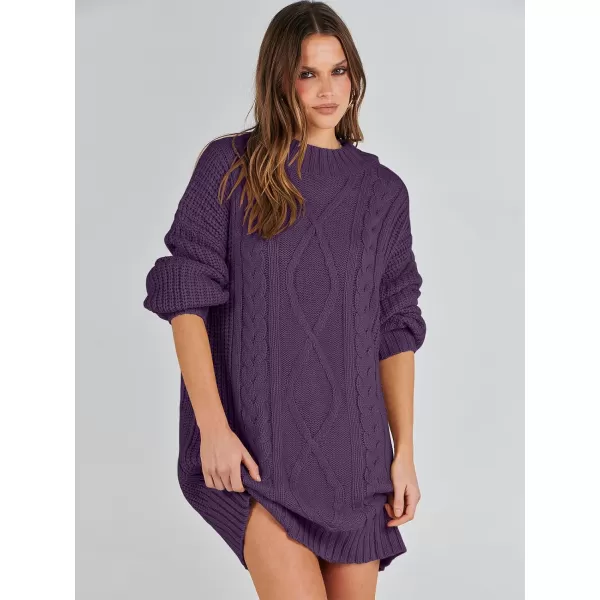 imageANRABESS Womens 2023 Oversized Sweater Dress Long Sleeve Crewneck Chunky Cable Knit Casual Short Pullover Dress TopsPurple