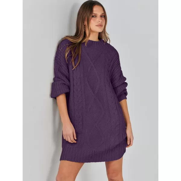 imageANRABESS Womens 2023 Oversized Sweater Dress Long Sleeve Crewneck Chunky Cable Knit Casual Short Pullover Dress TopsPurple