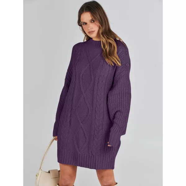 imageANRABESS Womens 2023 Oversized Sweater Dress Long Sleeve Crewneck Chunky Cable Knit Casual Short Pullover Dress TopsPurple