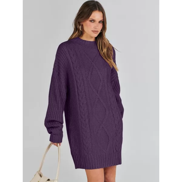 imageANRABESS Womens 2023 Oversized Sweater Dress Long Sleeve Crewneck Chunky Cable Knit Casual Short Pullover Dress TopsPurple