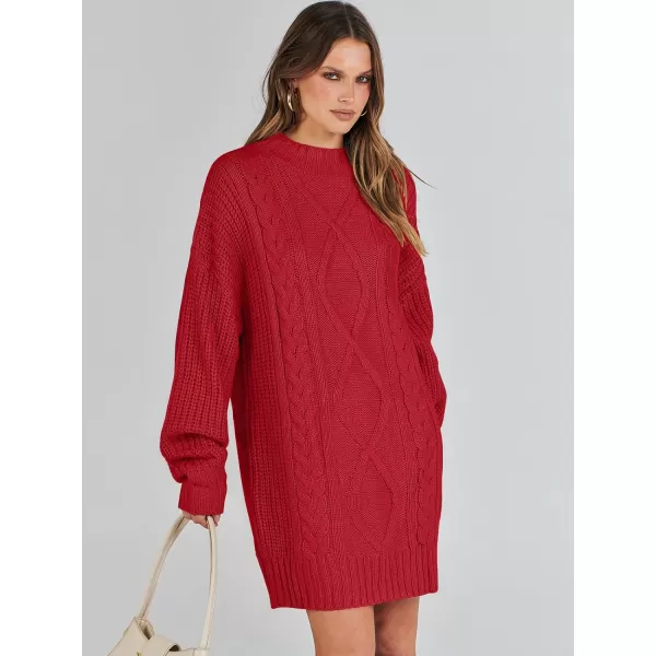 imageANRABESS Womens 2023 Oversized Sweater Dress Long Sleeve Crewneck Chunky Cable Knit Casual Short Pullover Dress TopsRed