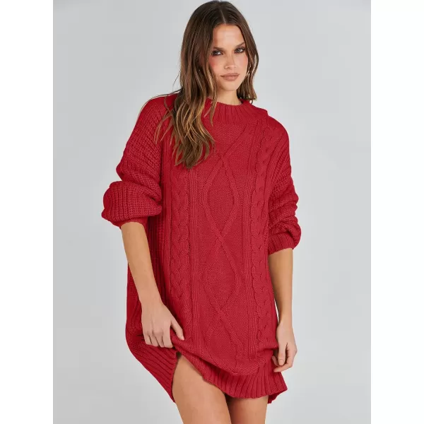imageANRABESS Womens 2023 Oversized Sweater Dress Long Sleeve Crewneck Chunky Cable Knit Casual Short Pullover Dress TopsRed