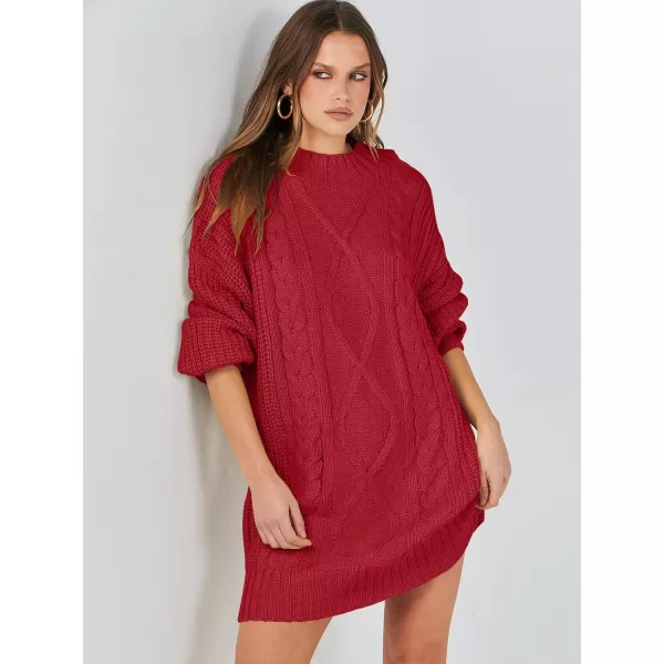 imageANRABESS Womens 2023 Oversized Sweater Dress Long Sleeve Crewneck Chunky Cable Knit Casual Short Pullover Dress TopsRed