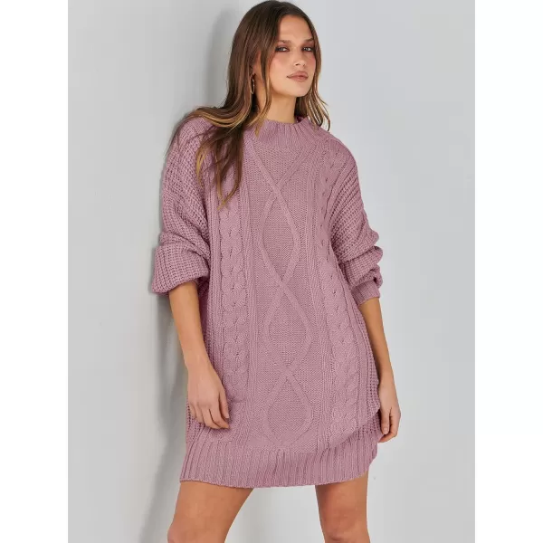 imageANRABESS Womens 2023 Oversized Sweater Dress Long Sleeve Crewneck Chunky Cable Knit Casual Short Pullover Dress TopsRed Pink