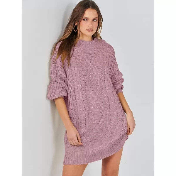 imageANRABESS Womens 2023 Oversized Sweater Dress Long Sleeve Crewneck Chunky Cable Knit Casual Short Pullover Dress TopsRed Pink