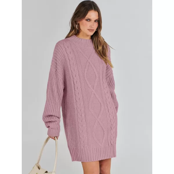 imageANRABESS Womens 2023 Oversized Sweater Dress Long Sleeve Crewneck Chunky Cable Knit Casual Short Pullover Dress TopsRed Pink