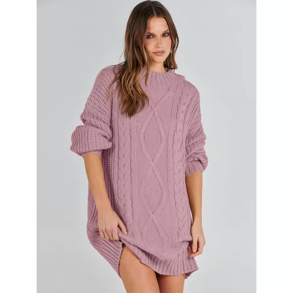 imageANRABESS Womens 2023 Oversized Sweater Dress Long Sleeve Crewneck Chunky Cable Knit Casual Short Pullover Dress TopsRed Pink