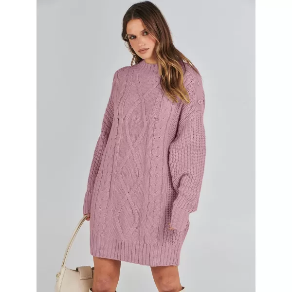 imageANRABESS Womens 2023 Oversized Sweater Dress Long Sleeve Crewneck Chunky Cable Knit Casual Short Pullover Dress TopsRed Pink