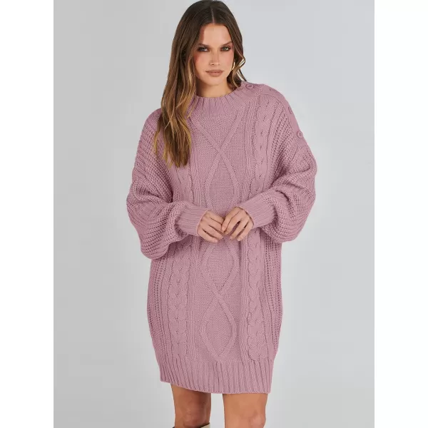 imageANRABESS Womens 2023 Oversized Sweater Dress Long Sleeve Crewneck Chunky Cable Knit Casual Short Pullover Dress TopsRed Pink