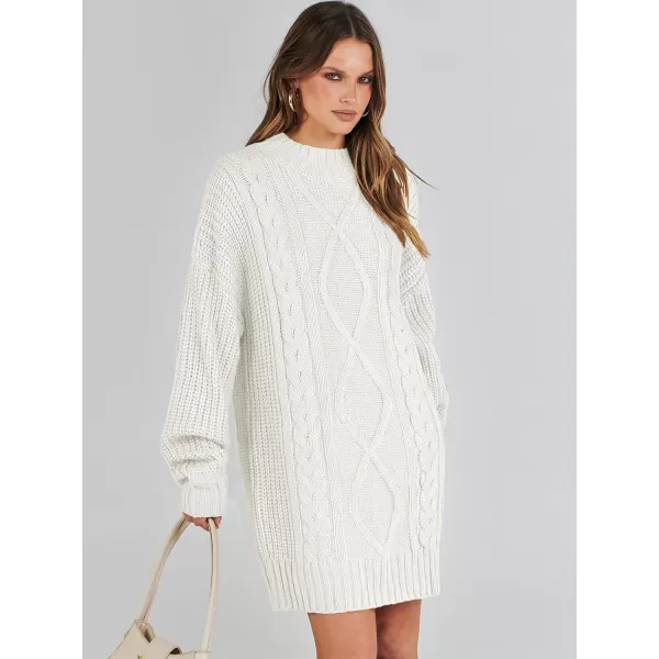 imageANRABESS Womens 2023 Oversized Sweater Dress Long Sleeve Crewneck Chunky Cable Knit Casual Short Pullover Dress TopsWhite
