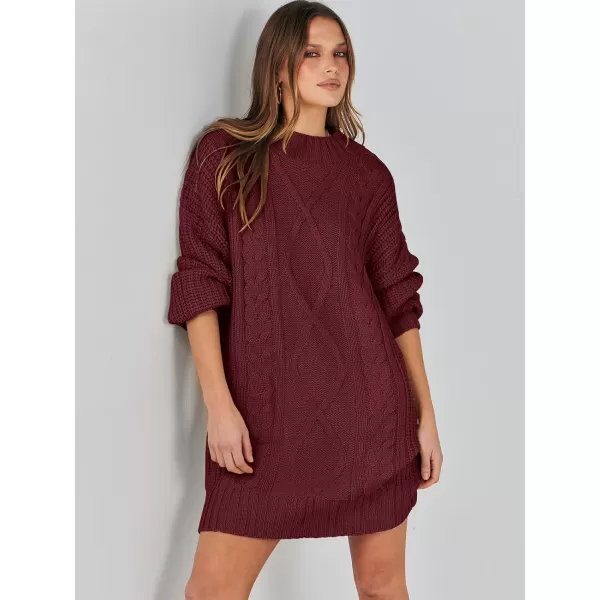 imageANRABESS Womens 2023 Oversized Sweater Dress Long Sleeve Crewneck Chunky Cable Knit Casual Short Pullover Dress TopsWine Red
