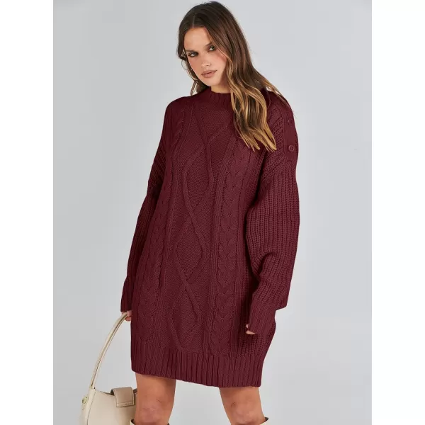 imageANRABESS Womens 2023 Oversized Sweater Dress Long Sleeve Crewneck Chunky Cable Knit Casual Short Pullover Dress TopsWine Red