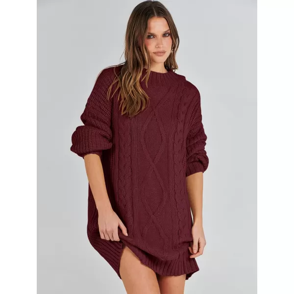 imageANRABESS Womens 2023 Oversized Sweater Dress Long Sleeve Crewneck Chunky Cable Knit Casual Short Pullover Dress TopsWine Red
