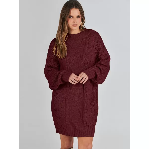 imageANRABESS Womens 2023 Oversized Sweater Dress Long Sleeve Crewneck Chunky Cable Knit Casual Short Pullover Dress TopsWine Red