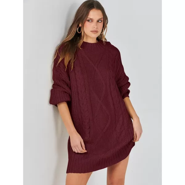 imageANRABESS Womens 2023 Oversized Sweater Dress Long Sleeve Crewneck Chunky Cable Knit Casual Short Pullover Dress TopsWine Red