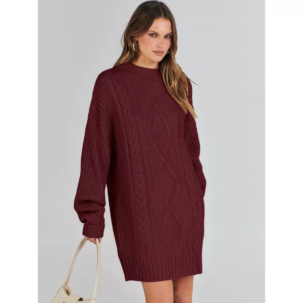 imageANRABESS Womens 2023 Oversized Sweater Dress Long Sleeve Crewneck Chunky Cable Knit Casual Short Pullover Dress TopsWine Red