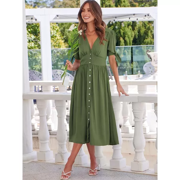 imageANRABESS Womens 2023 Spring Summer Casual Short Sleeves Deep V Neck Button Down ALine Midi DressArmy Green