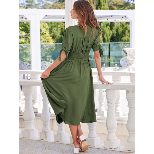 imageANRABESS Womens 2023 Spring Summer Casual Short Sleeves Deep V Neck Button Down ALine Midi DressArmy Green