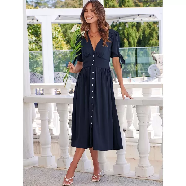 imageANRABESS Womens 2023 Spring Summer Casual Short Sleeves Deep V Neck Button Down ALine Midi DressNavy Blue
