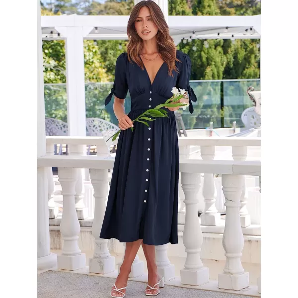 imageANRABESS Womens 2023 Spring Summer Casual Short Sleeves Deep V Neck Button Down ALine Midi DressNavy Blue