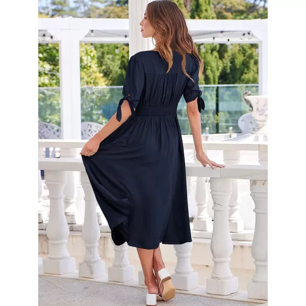 imageANRABESS Womens 2023 Spring Summer Casual Short Sleeves Deep V Neck Button Down ALine Midi DressNavy Blue