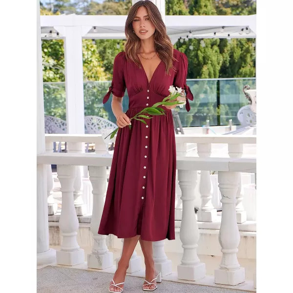 imageANRABESS Womens 2023 Spring Summer Casual Short Sleeves Deep V Neck Button Down ALine Midi DressRed