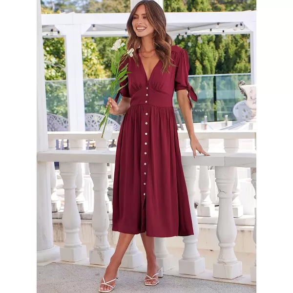 imageANRABESS Womens 2023 Spring Summer Casual Short Sleeves Deep V Neck Button Down ALine Midi DressRed