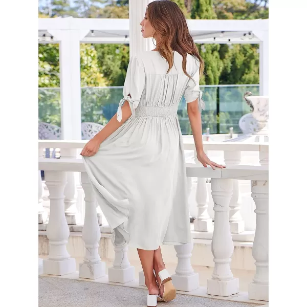 imageANRABESS Womens 2023 Spring Summer Casual Short Sleeves Deep V Neck Button Down ALine Midi DressWhite