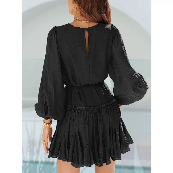imageANRABESS Womens 2023 Spring Summer Crewneck Puff Sleeve Babydoll Dress Ruffle Tiered ALine Flowy Skater Mini DressBlack