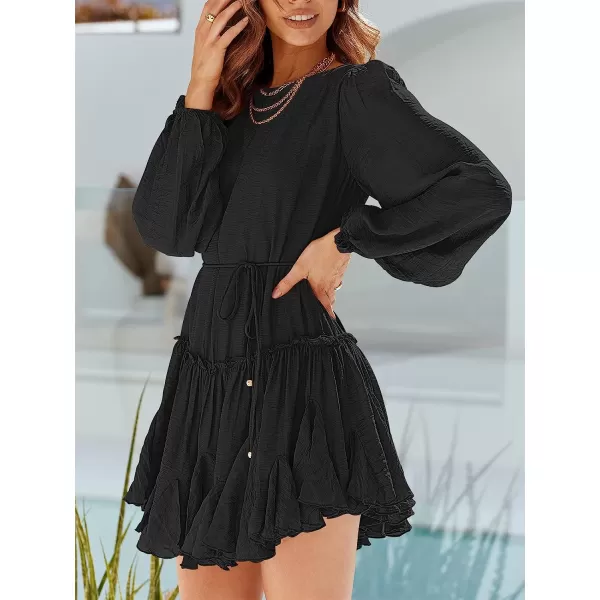 imageANRABESS Womens 2023 Spring Summer Crewneck Puff Sleeve Babydoll Dress Ruffle Tiered ALine Flowy Skater Mini DressBlack