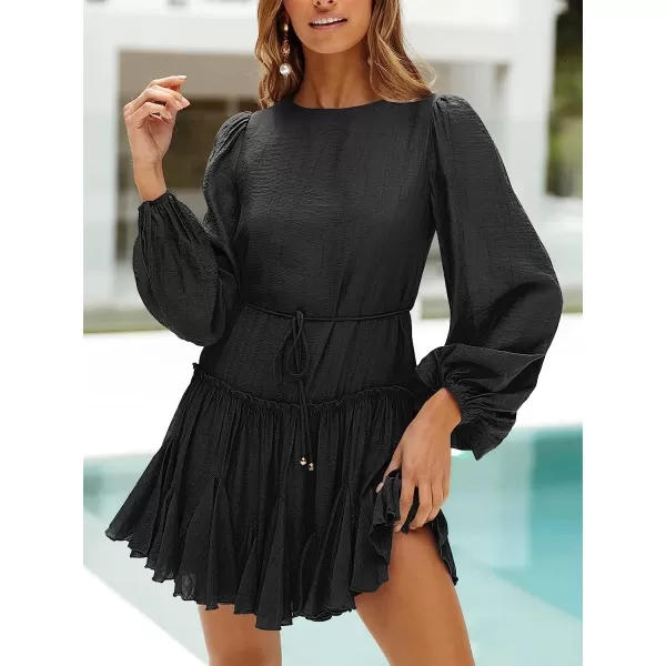 imageANRABESS Womens 2023 Spring Summer Crewneck Puff Sleeve Babydoll Dress Ruffle Tiered ALine Flowy Skater Mini DressBlack