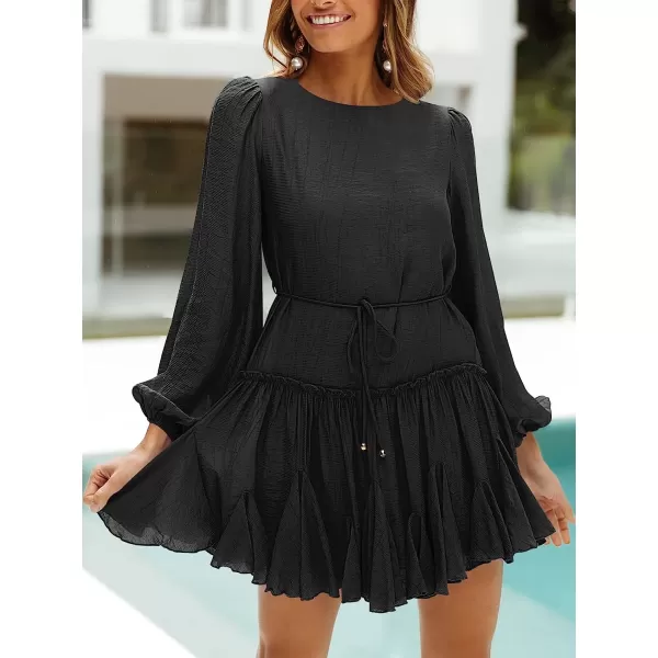 imageANRABESS Womens 2023 Spring Summer Crewneck Puff Sleeve Babydoll Dress Ruffle Tiered ALine Flowy Skater Mini DressBlack